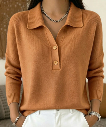 Polo Collar Half Button Fine Knit Long Sleeve Sweater