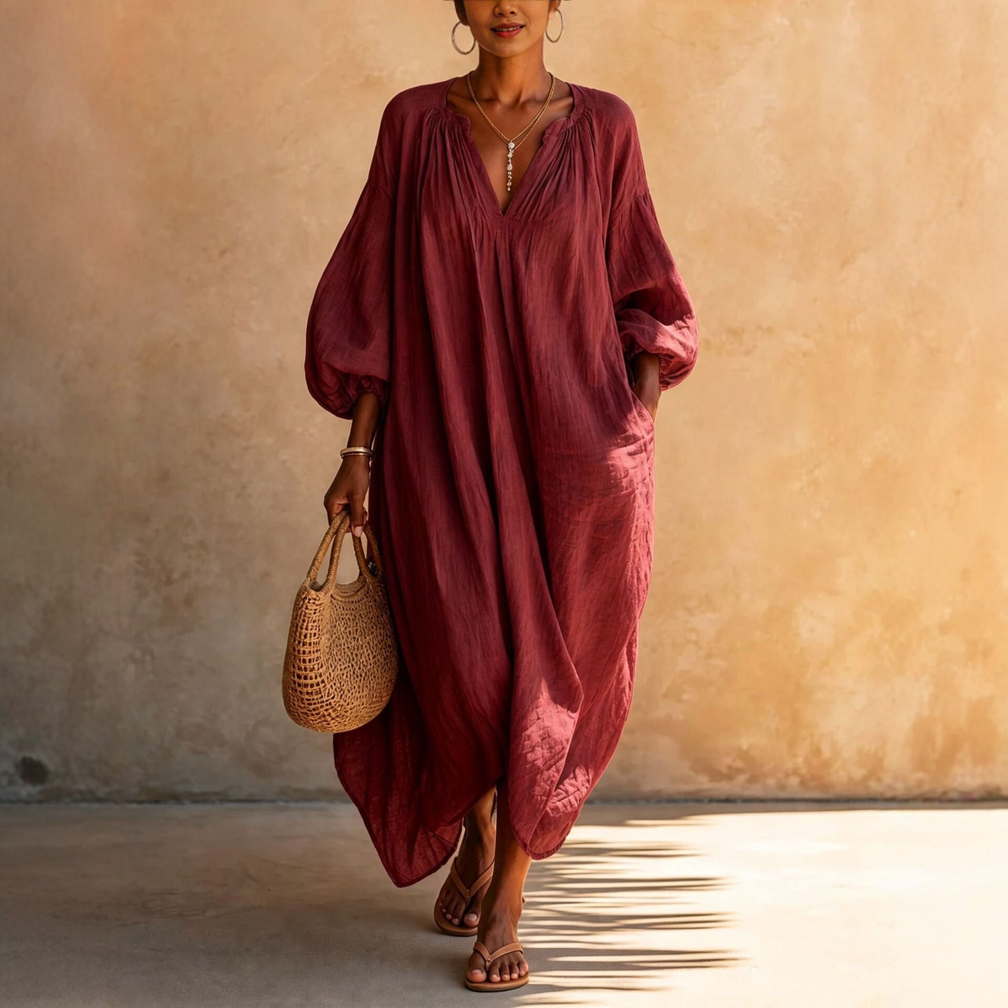 Boho Vacation Puff Sleeve Kaftan Maxi Dress