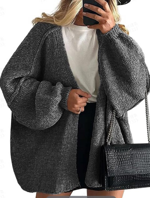 Women's Solid Color Chunky Knit Open Front Lantern Sleeve Mid-Length Cardigan
