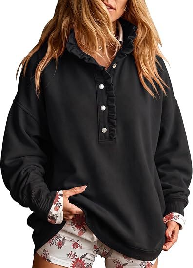 Ruffle Collar Half-Button Oversized Sweatshirt