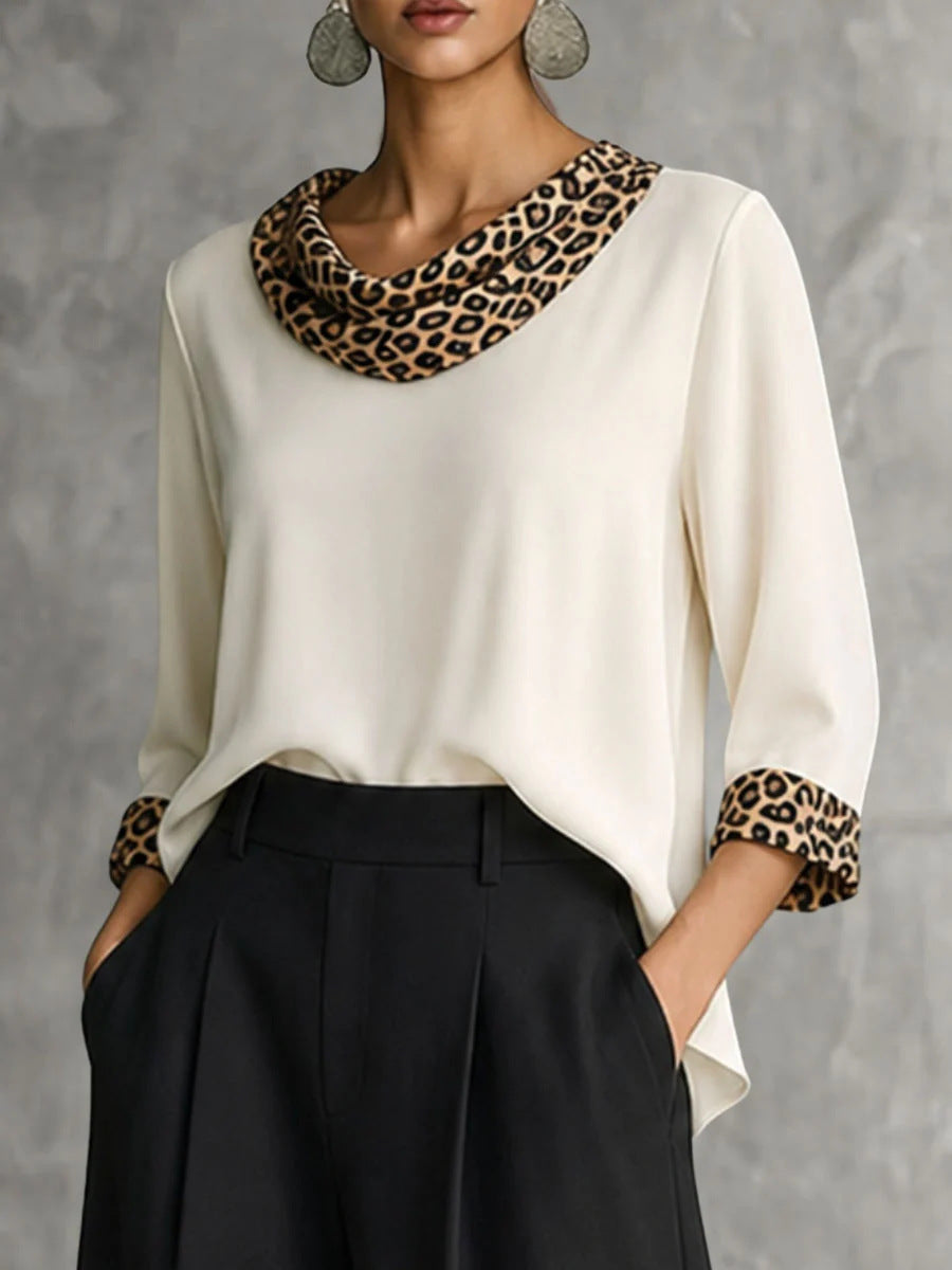 Vintage Elegant Leopard Print Patchwork Velvet Turtleneck Shirt