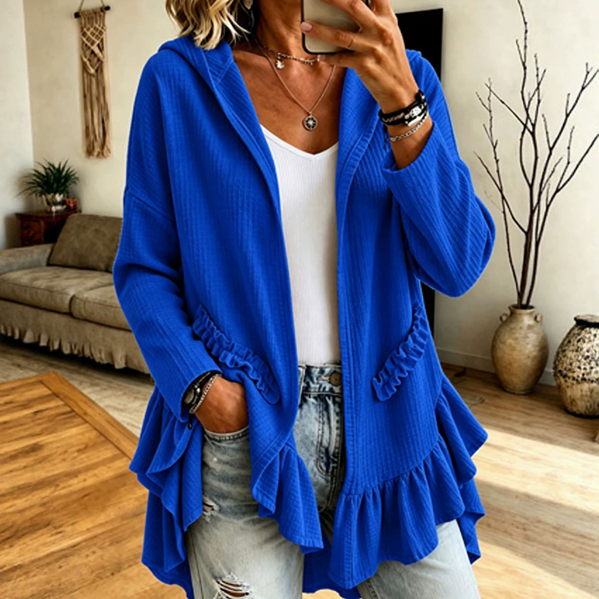 Ruffle Hooded Cardigan – Oversized Knit Open-Front Hoodie