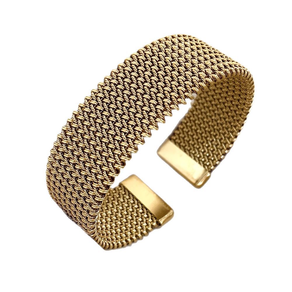 Golden cuff bracelet with mesh chain