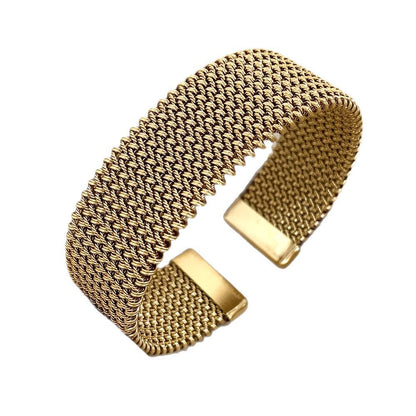 Golden cuff bracelet with mesh chain