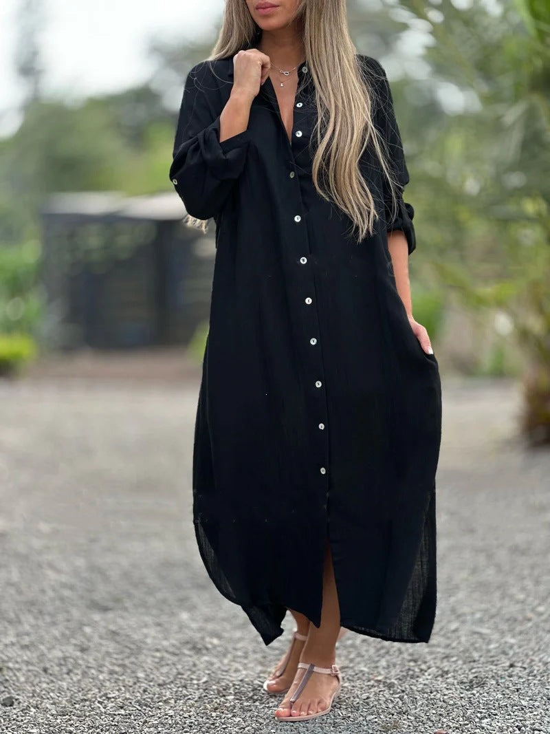 Crinkle Linen Blend Midi Shirt Dress