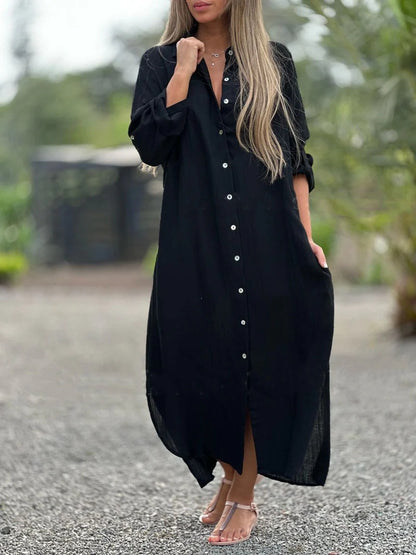 Crinkle Linen Blend Midi Shirt Dress