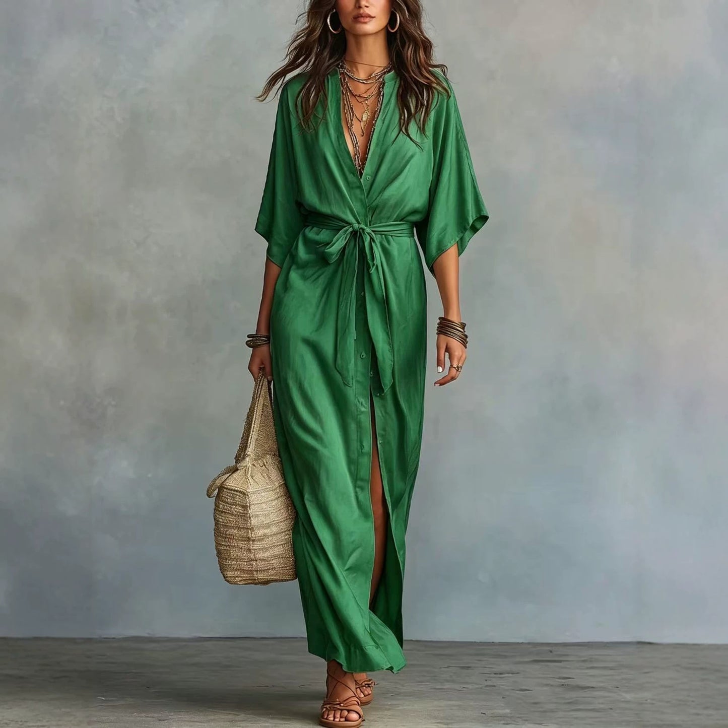 Tie Waist Split Maxi Shirt Dress