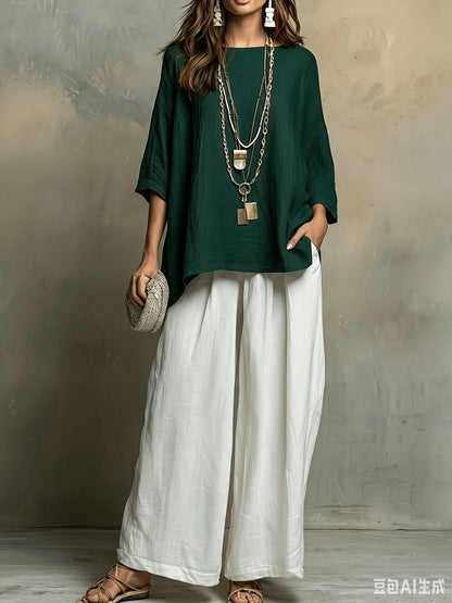 Linen Oversized Top & White Wide Leg Pants Two Piece Linen Set