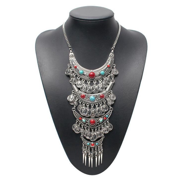 Visland Statement Necklace Exaggerated Round Coins Tassels Colored Turquoise Layered Gift Hypoallergenic Vintage Ethnic