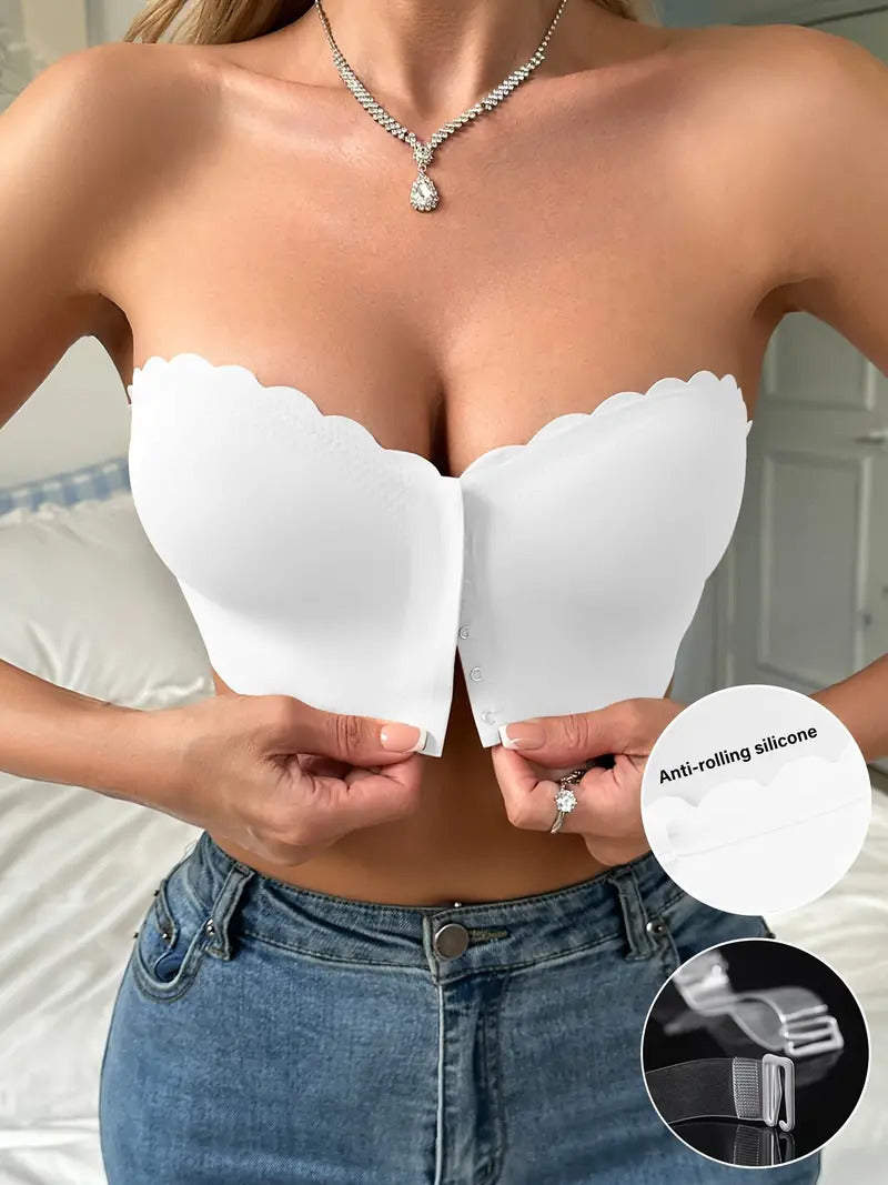 Hugmecurve® Womens Strapless Bra Non-Slip Padded Bandeau Bras Front Closure Bras for Women Wavy Trim Seamless Tube Top Bralette