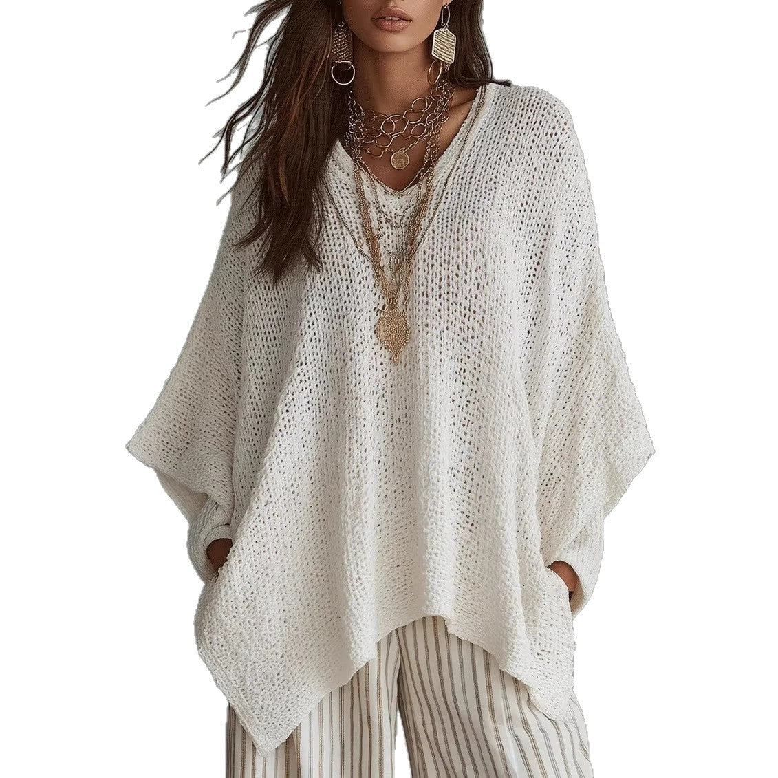 V-Neck Open Knit Oversized Batwing Long Sleeve Sweater Top