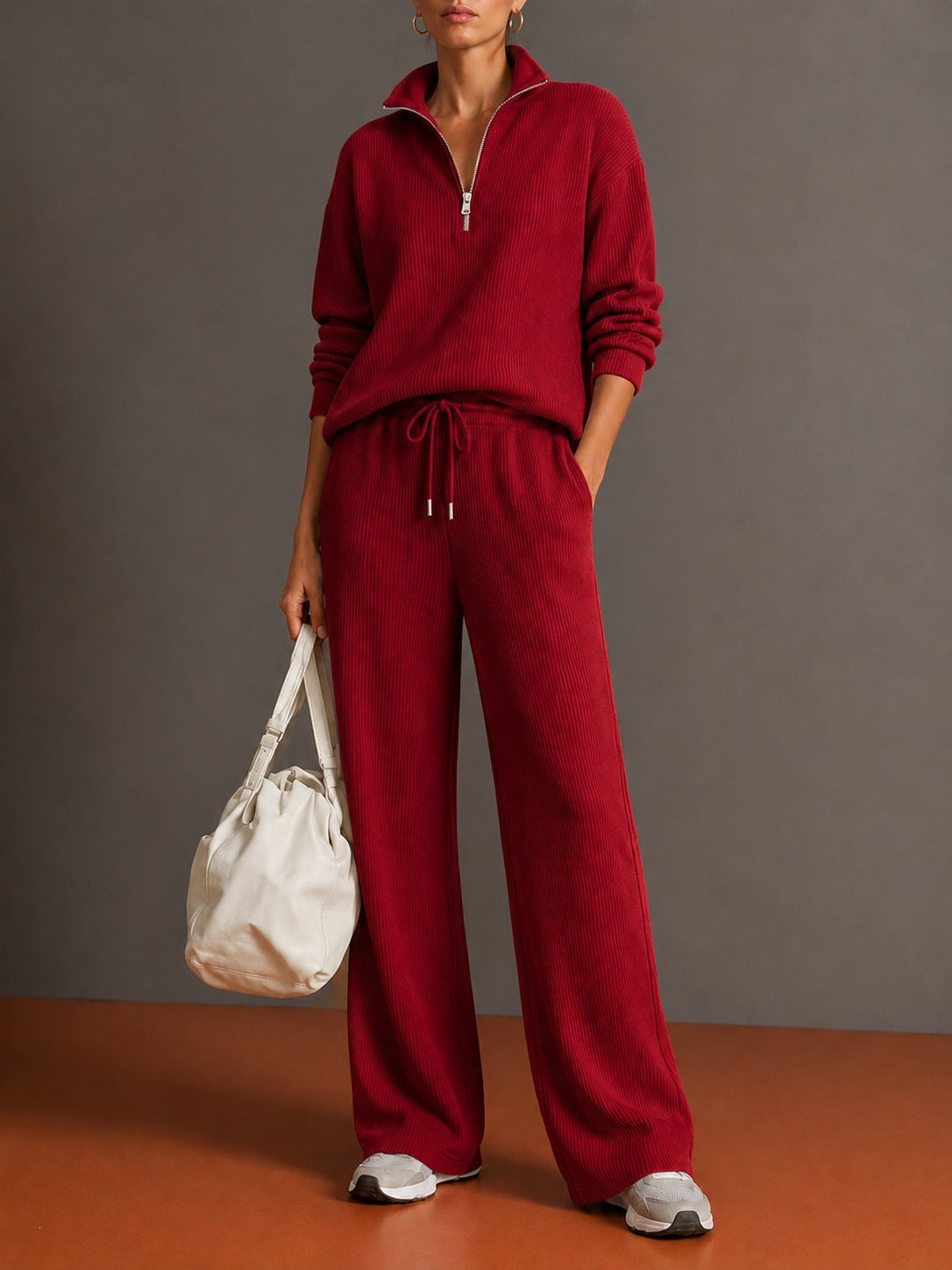 Vertical Rib Half Zip Stand Collar Two Piece Loungewear Set