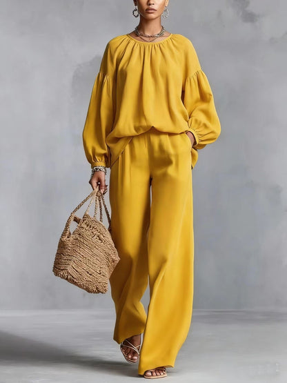 Elastic Neck Linen Blend Matching Two Piece Set