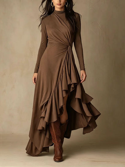 Mock Neck Wrap Dress with Asymmetric Ruffle Hem