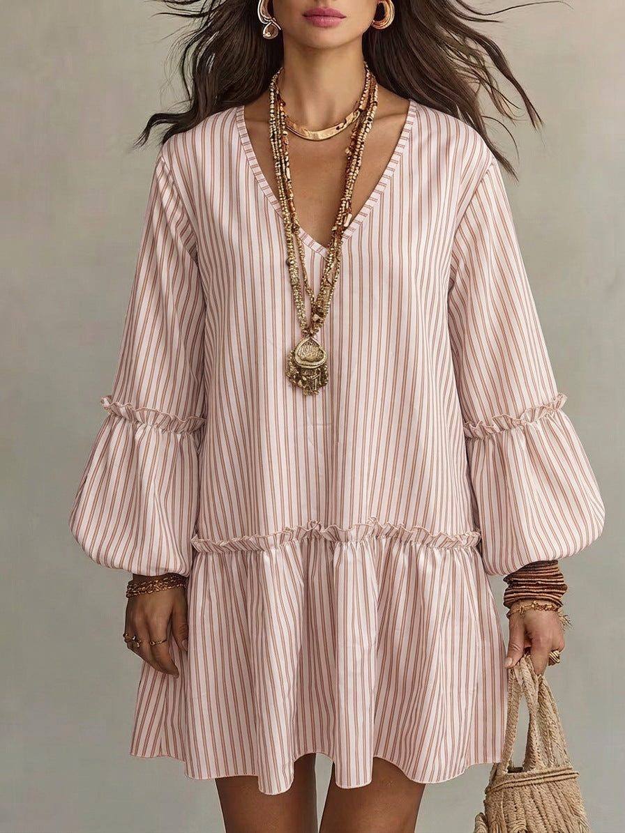 Striped V-Neck Ruffle Hem Mini Dress