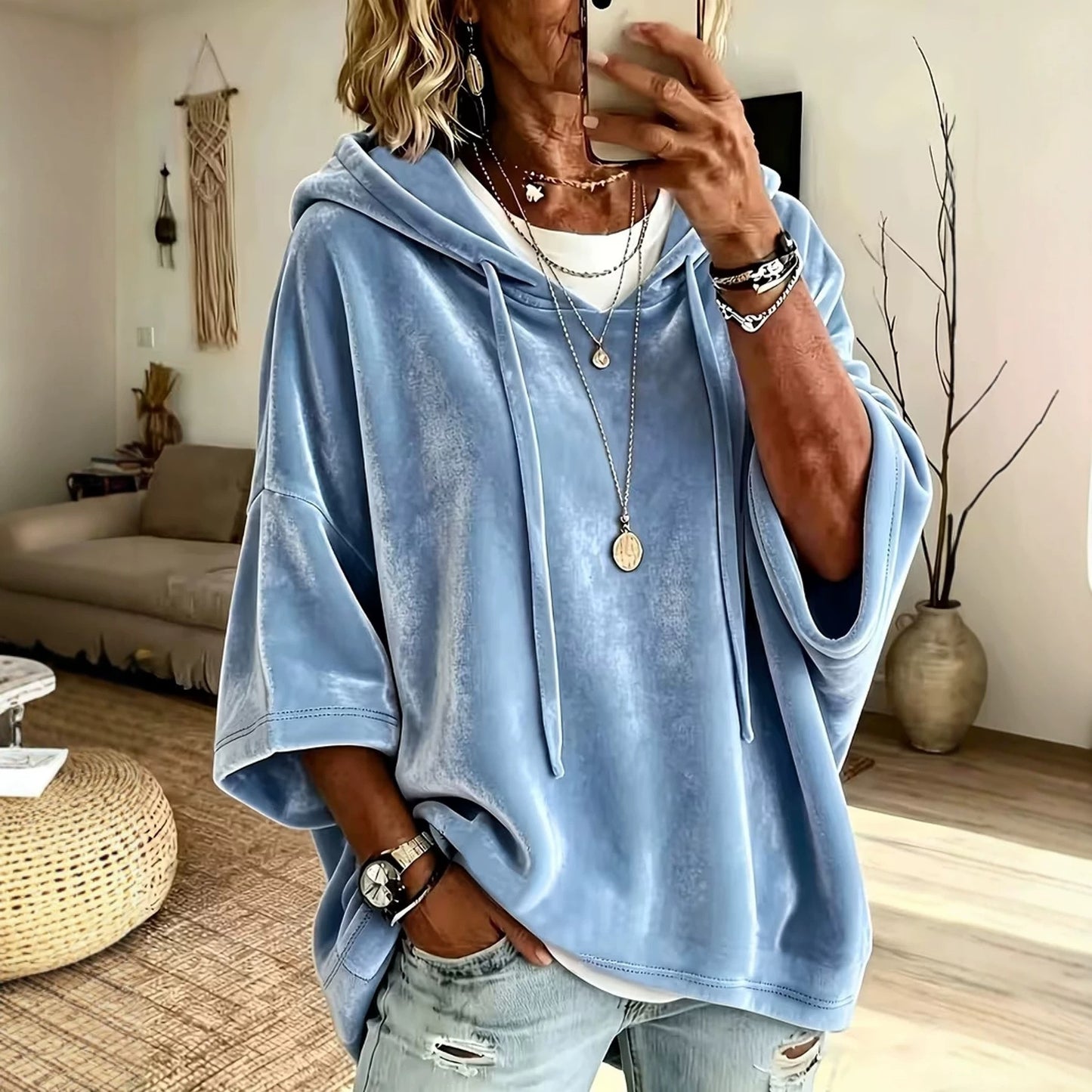 Velvet Drawstring Hooded Three-Quarter Sleeve Top