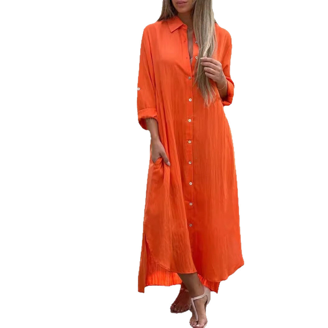 Crinkle Linen Blend Midi Shirt Dress