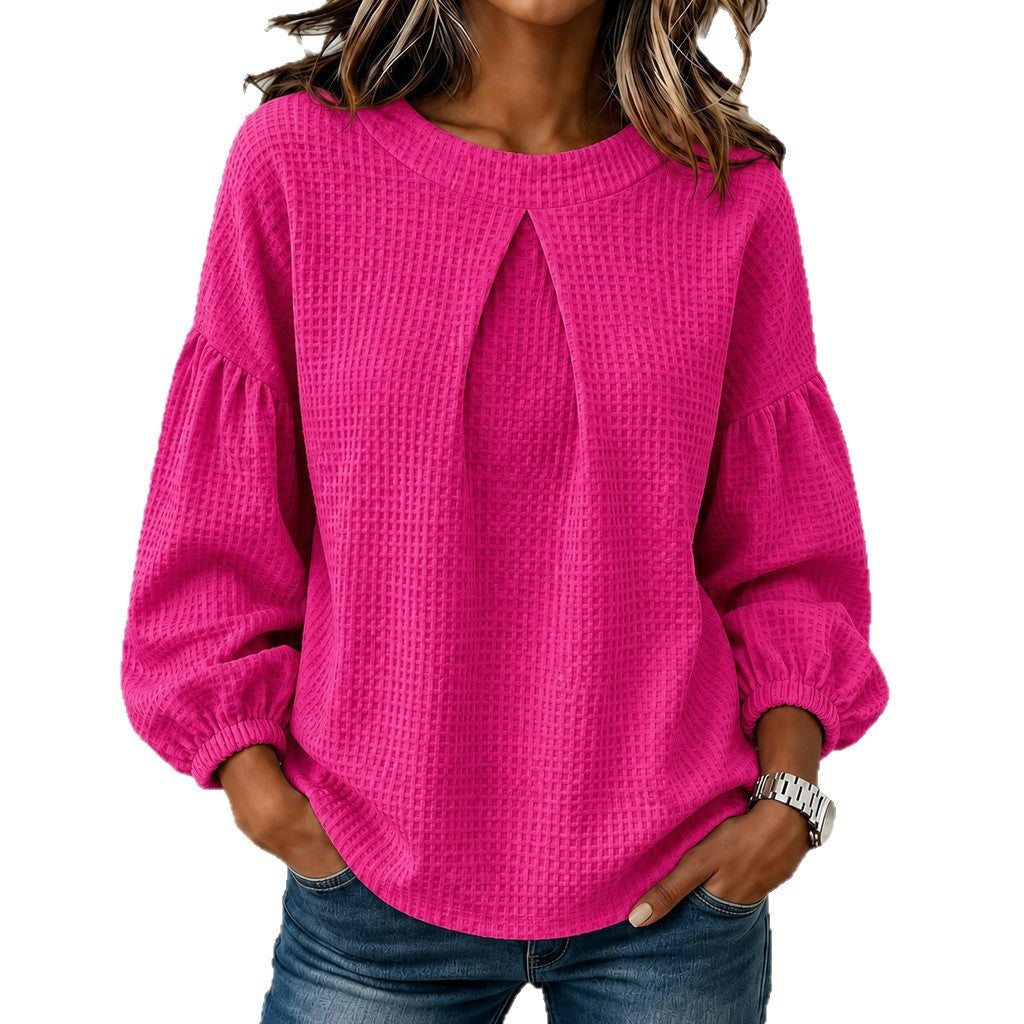 Waffle Textured Pleated Neck Balloon Long Sleeve Blouse