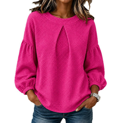 Waffle Textured Pleated Neck Balloon Long Sleeve Blouse