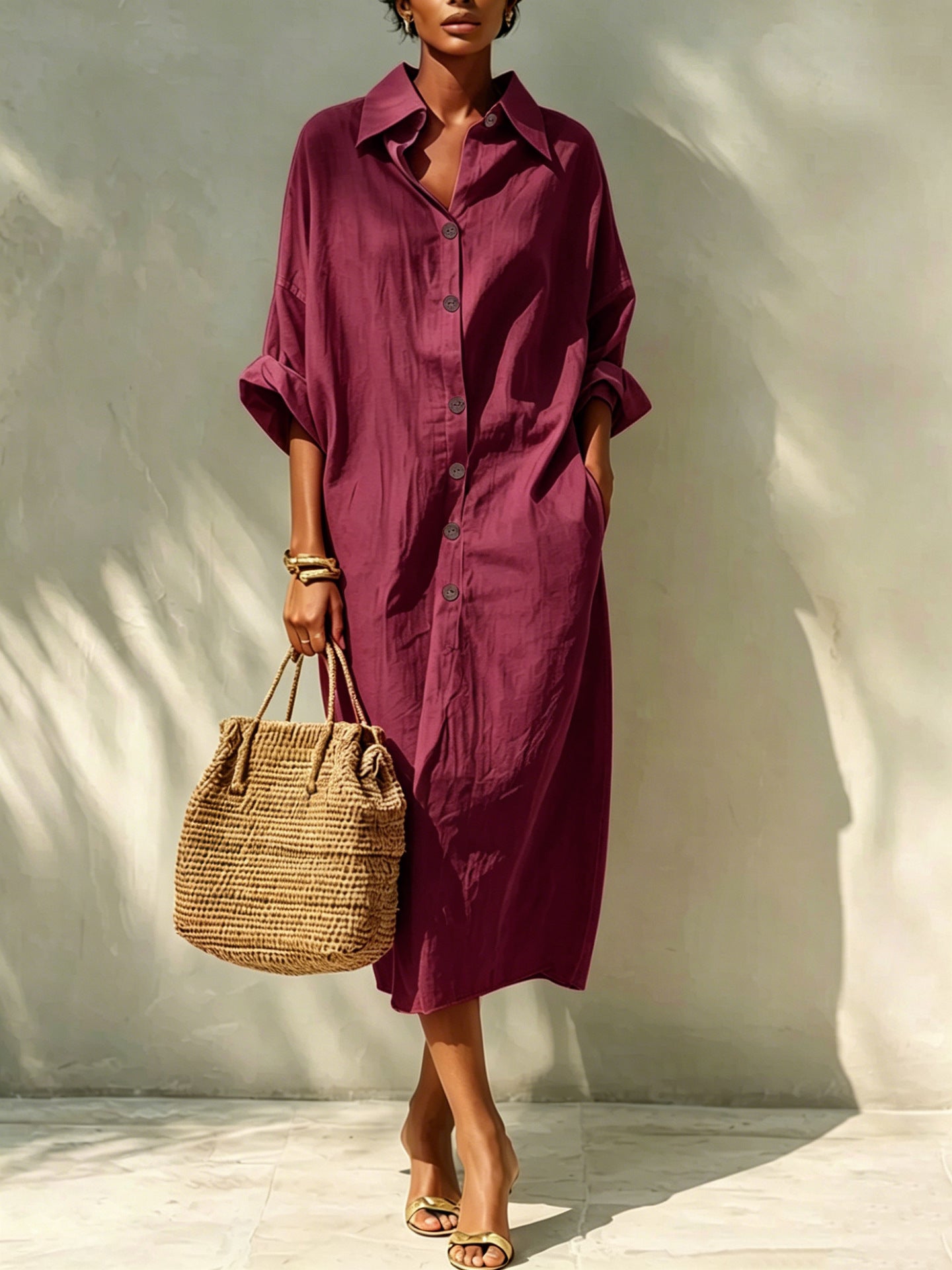 Relaxed Button Front Linen Shirt Midi Dress
