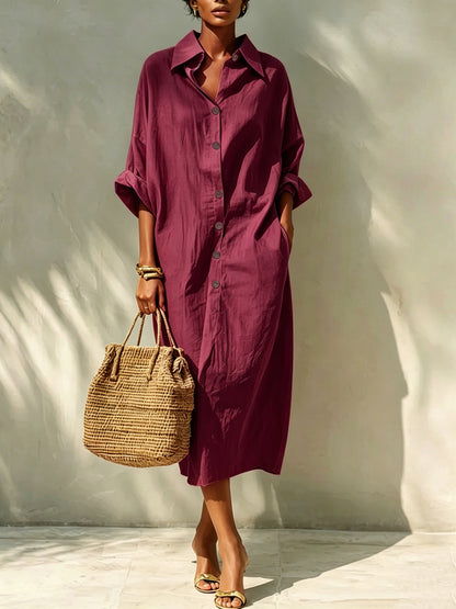 Relaxed Button Front Linen Shirt Midi Dress