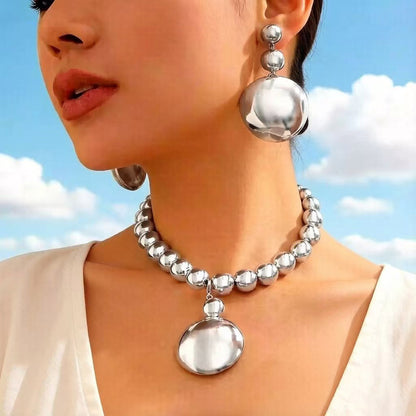 Chunky Round Ball Jewelry 2-Piece Set | Statement Beaded Choker & Triple Ball Drop Earrings - Silver