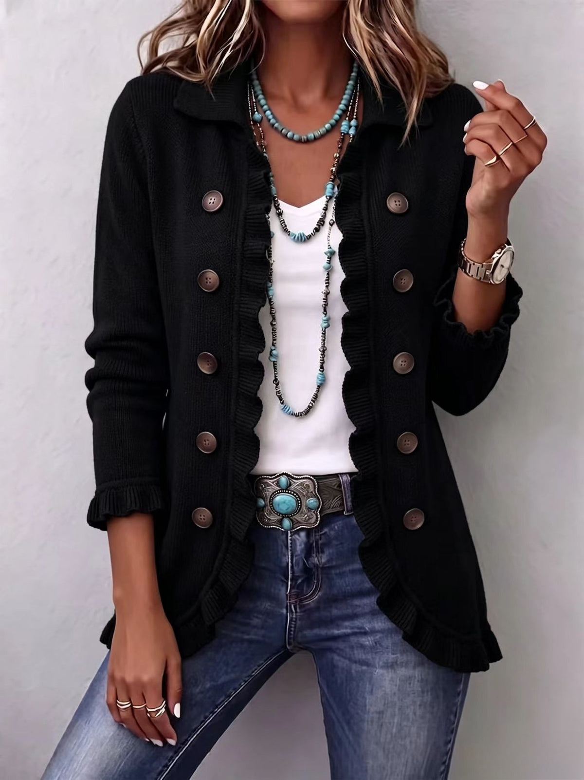 Women's Turquoise Ruffled Knit Cardigan Long Sleeve Button-Down Casual Jacket