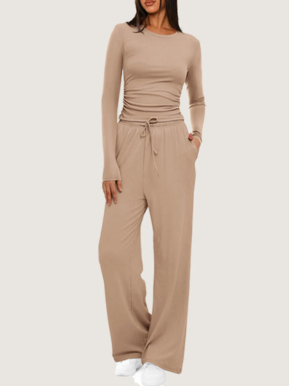 Ruched Long Sleeve Top & Drawstring Waist Pocket Wide Leg Pants Two Piece Set