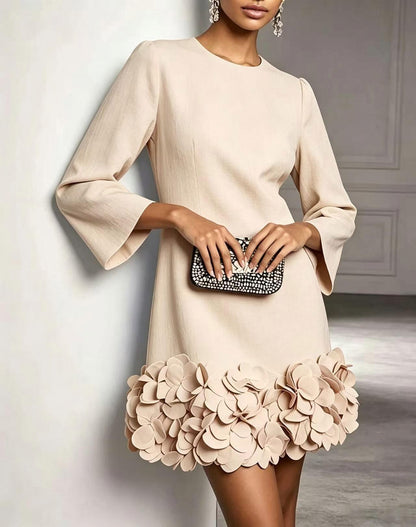Black Round Neck 3D Floral Ruffle Hem Mini Dress