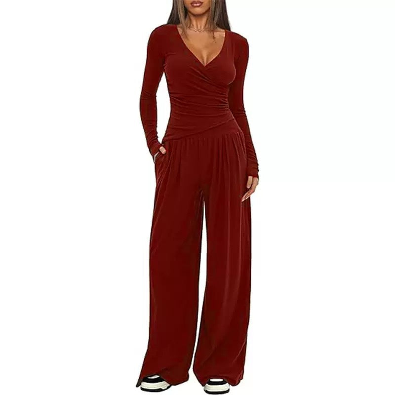 Women Solid Wrap V Neck Ruched Long Sleeve Top Elastic High Waist Pocket Wide Leg Casual Loungewear Co-ord Set
