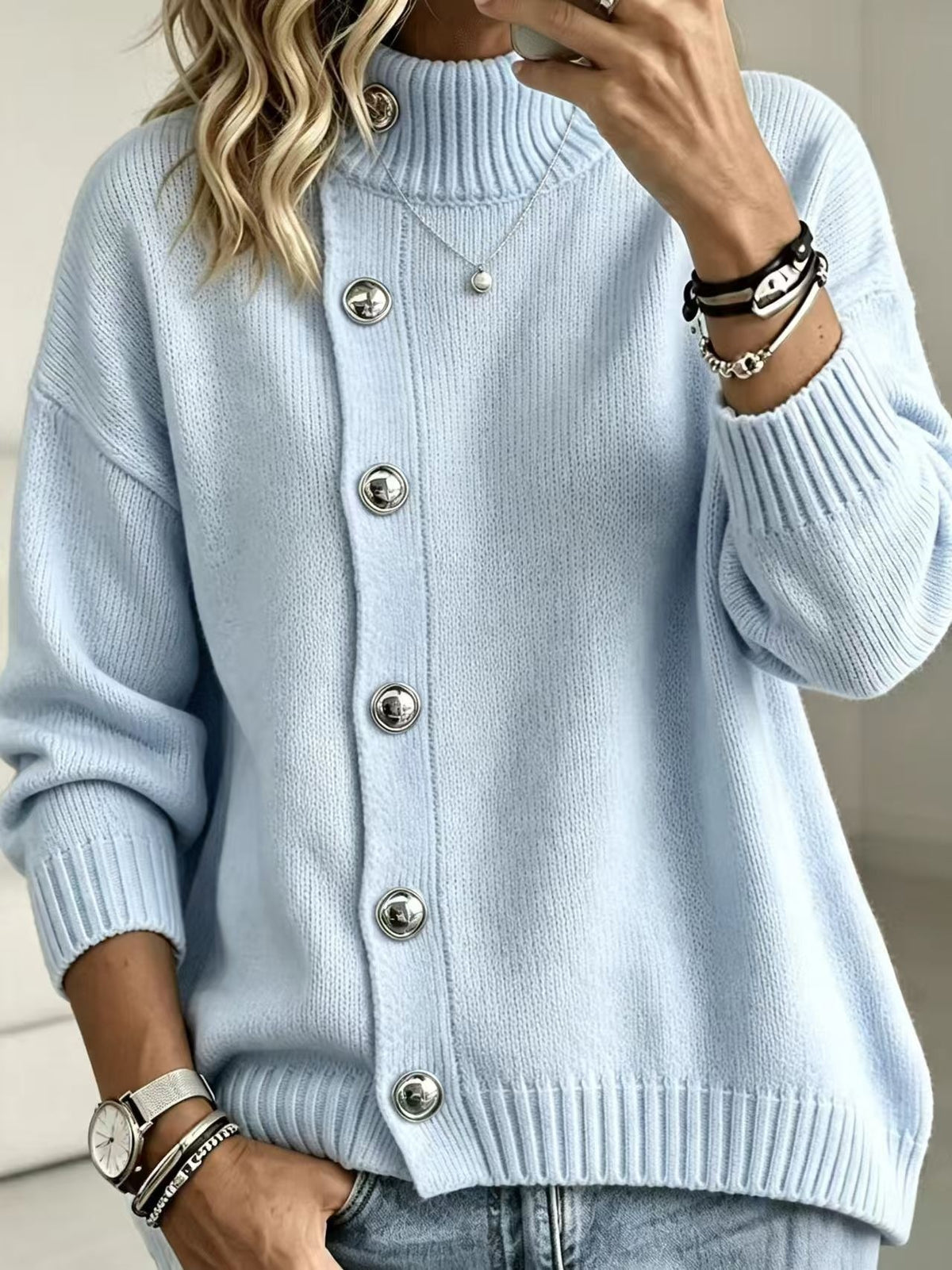 Women's Stand Collar Button Front Knit Sweater, Long Sleeve Loose Casual Pullover Jumper