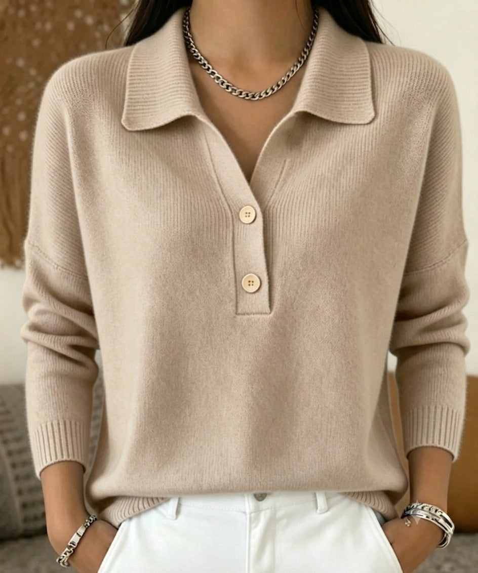 Polo Collar Half Button Fine Knit Long Sleeve Sweater