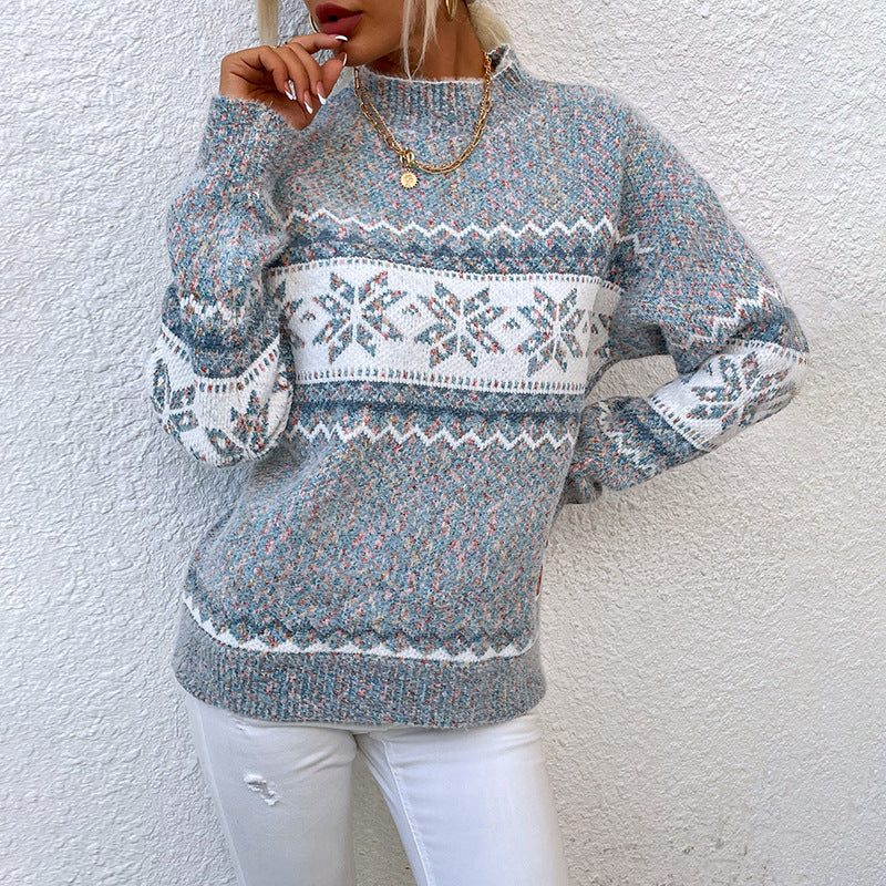 Mock Neck Snowflake Jacquard Long Sleeve Knit Sweater