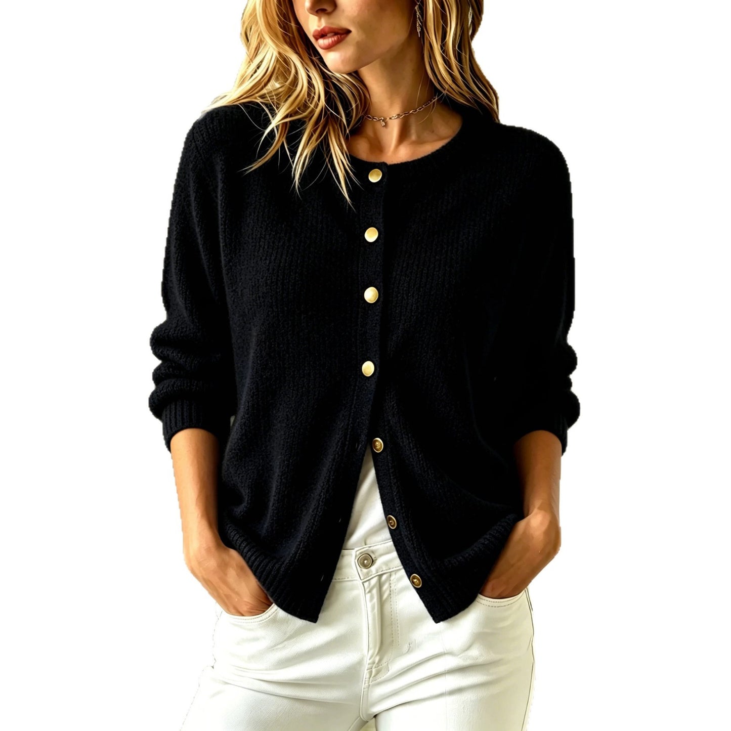 Fuzzy Knit Round Neck Gold Button Cardigan