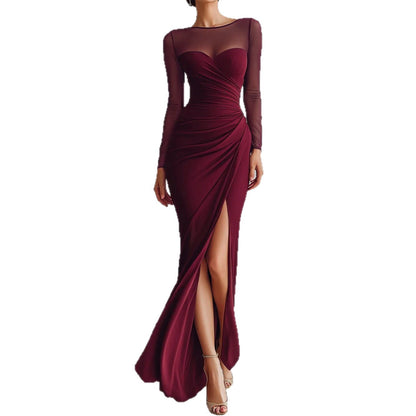 Women's Mesh Long Sleeve Sweetheart Ruched Slit Maxi Evening Dress