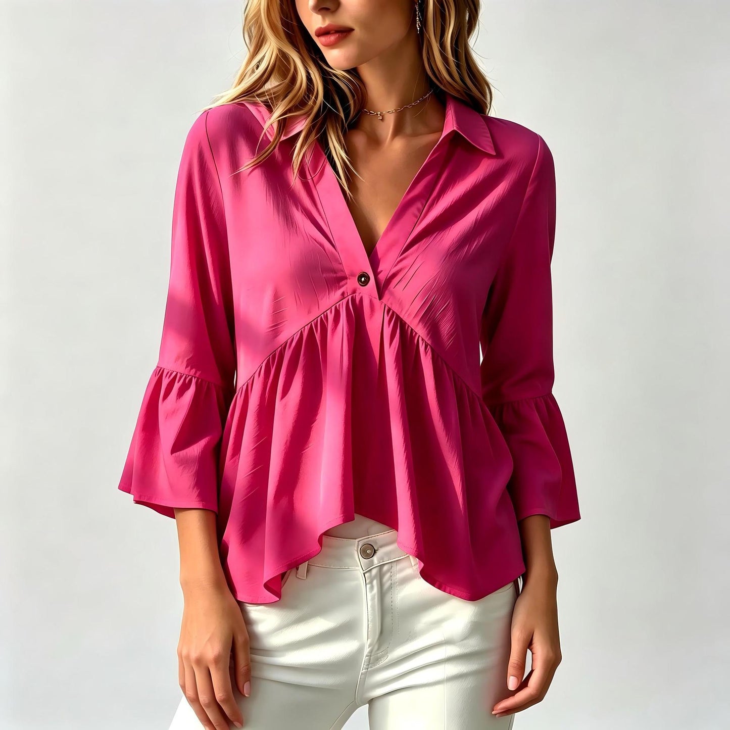 Collared V-Neck Peplum Blouse Top
