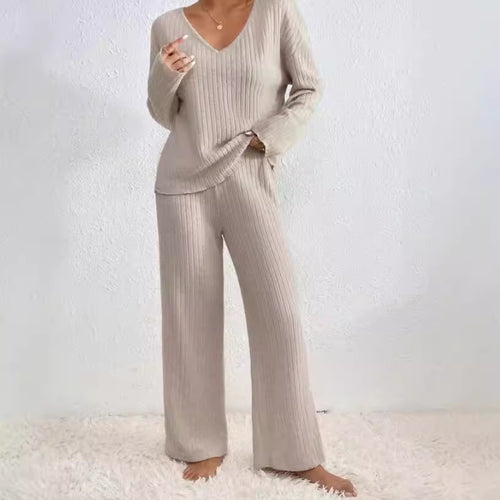 Women Solid V Neck Vertical Ribbed Knit Long Sleeve Relaxed Top Elastic Waist Wide Leg Casual Loungewear Co-ord Set