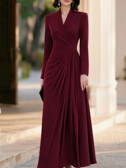 Women's V Neck Long Sleeve Wrap Pleated Maxi Formal Dress