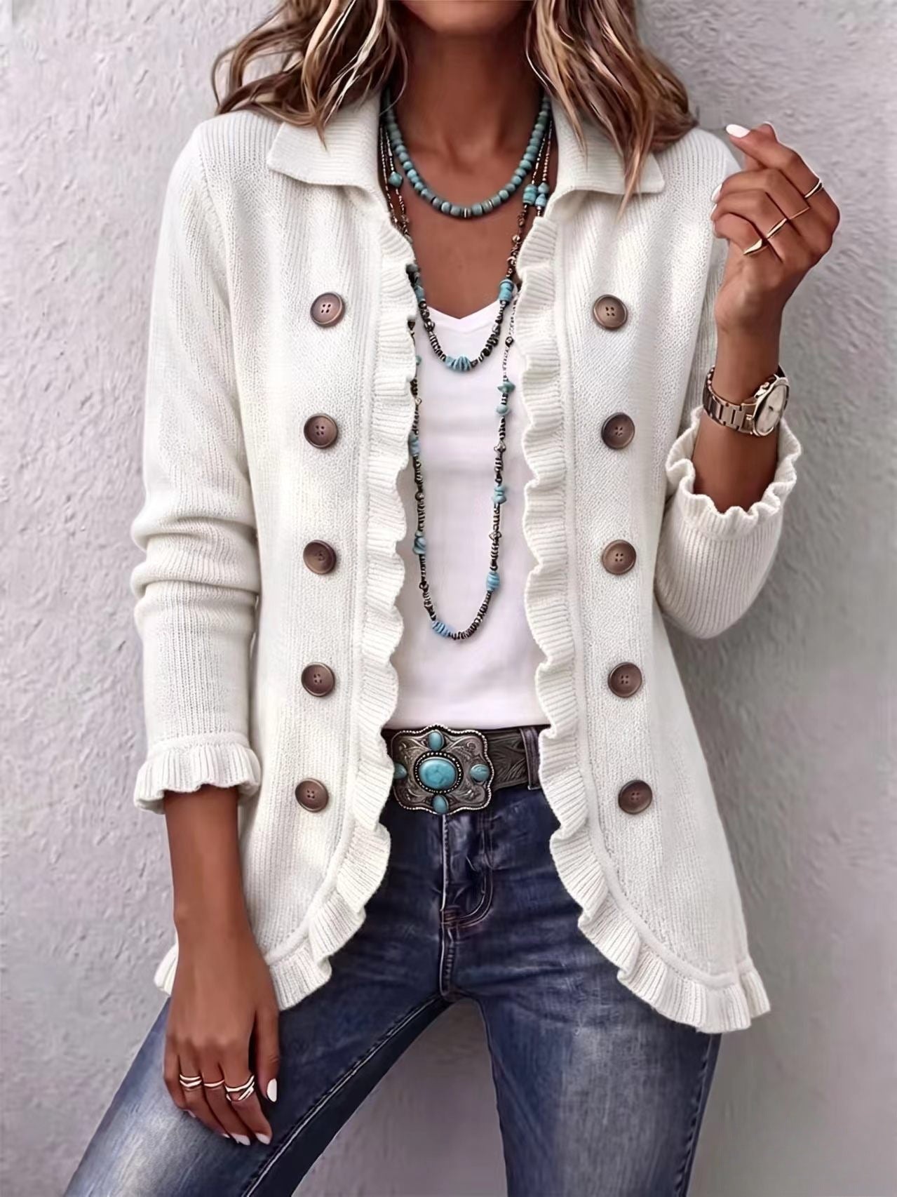 Women's Turquoise Ruffled Knit Cardigan Long Sleeve Button-Down Casual Jacket