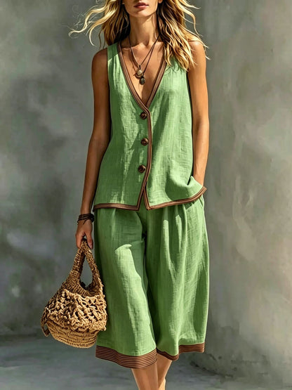 Linen Contrast‑Trim Vest & Culottes Two‑Piece Set