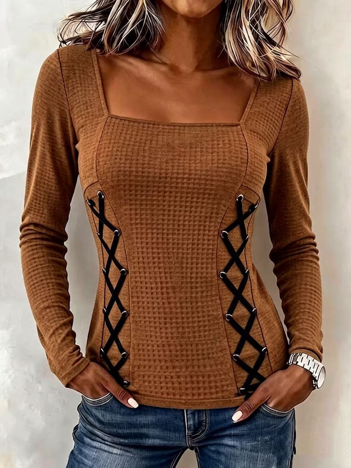 Women's Square Neck Waffle Knit Long Sleeve Top With Side Lace Up Detail