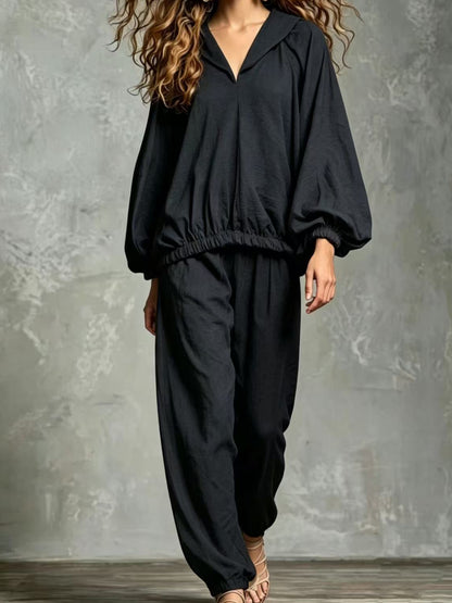 Hood V Neck Linen Blend Matching Two Piece Set