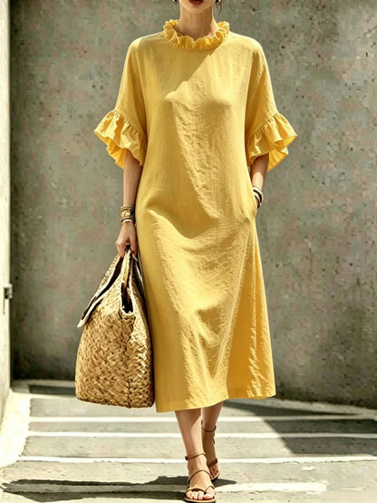 Textured Linen Ruffle Neck Flounce Sleeve Midi Shift Dress