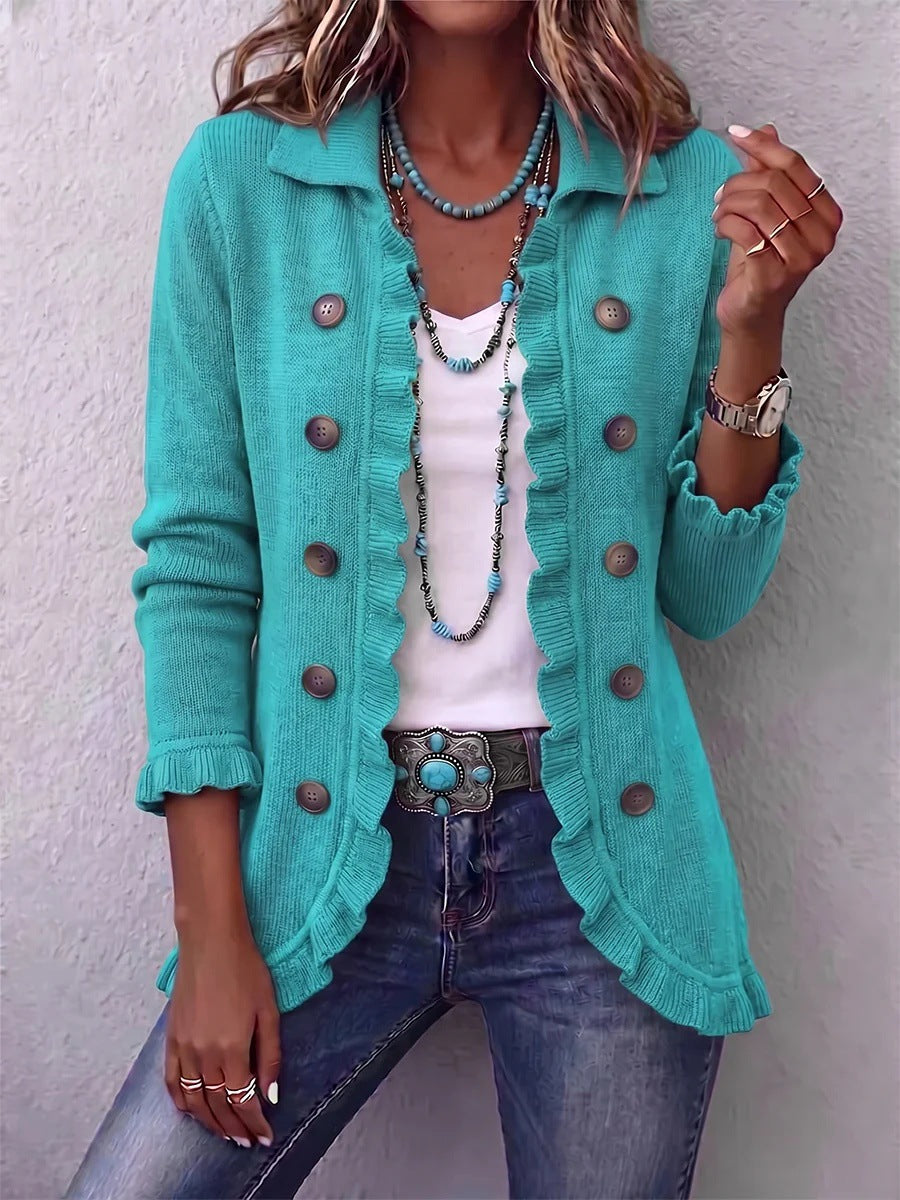 Women's Turquoise Ruffled Knit Cardigan Long Sleeve Button-Down Casual Jacket