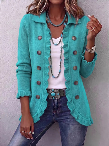 Women's Turquoise Ruffled Knit Cardigan Long Sleeve Button-Down Casual Jacket