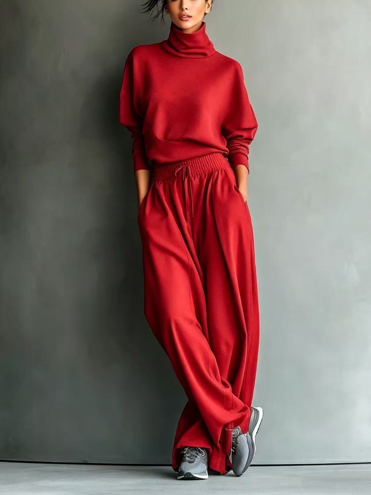 Turtleneck Oversized Knit Top & High Waist Wide Leg Pants Loungewear Set