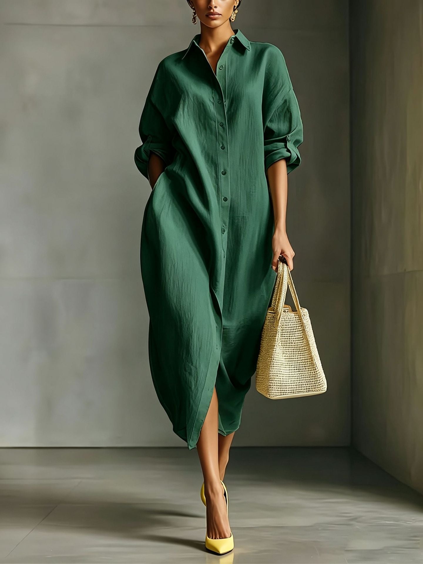 Oversized Linen Blend Midi Shirt Dress