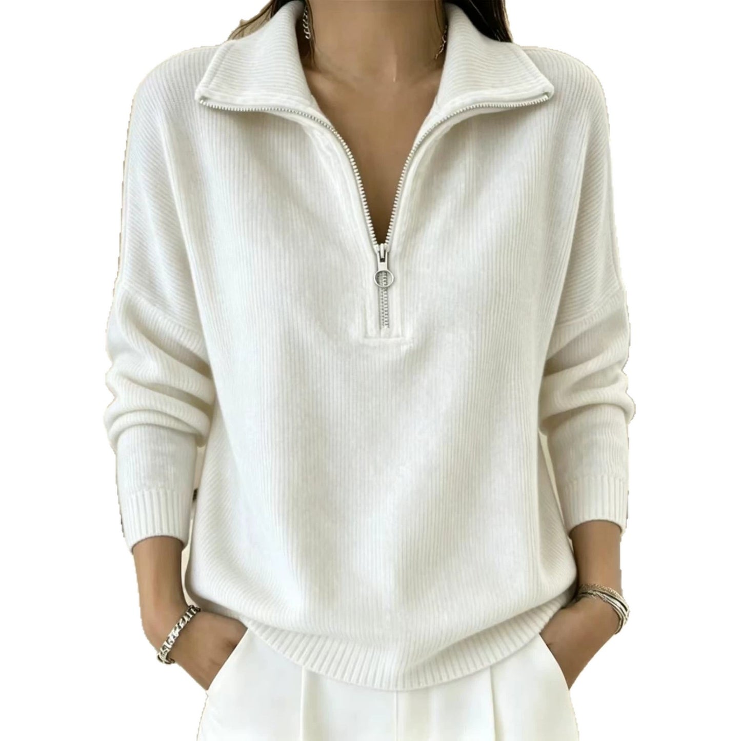 Half-Zip Ribbed Knit Collared Sweater