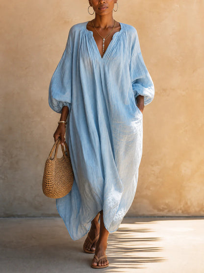 Boho Vacation Puff Sleeve Kaftan Maxi Dress