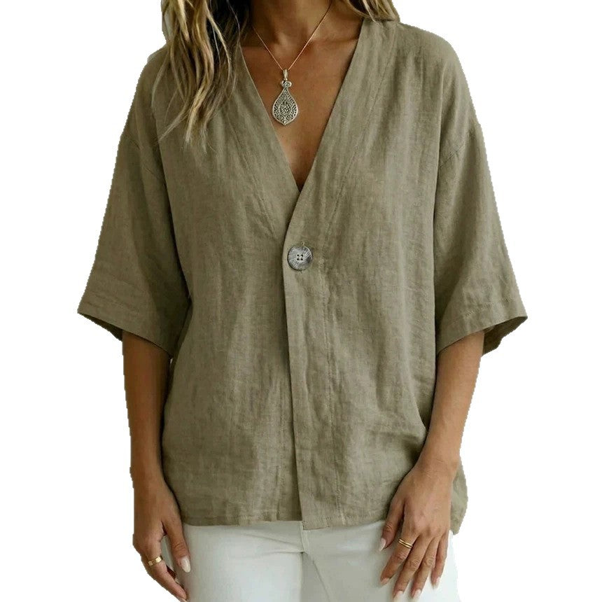 Relaxed Linen V-Neck Button-Front Shirt